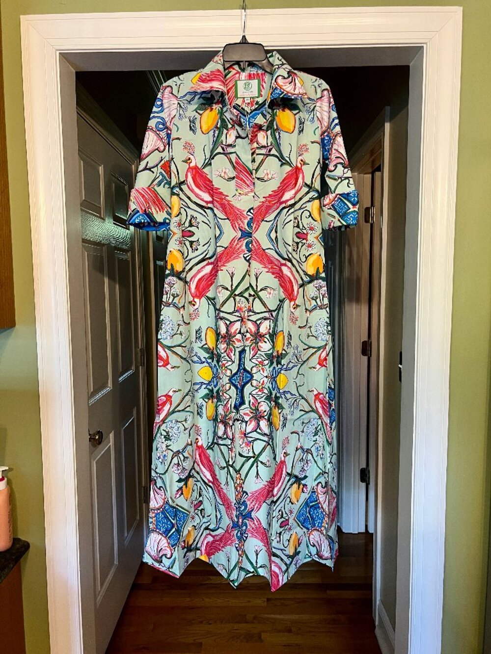 NWT House of MBR Mint Chinois Floral Maxi Caftan Shirt Dress Size 00 or XS